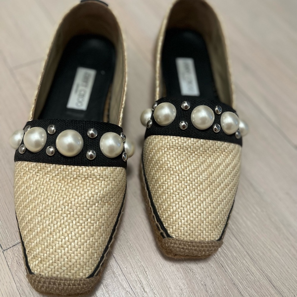 Jimmy Choo Shoes - Dru Pearly Stud Woven Flat Espadrilles - Size 10